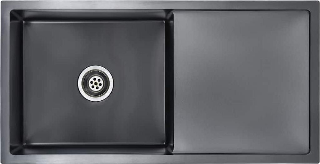 A top-down view of a black stainless steel kitchen sink with a drain.