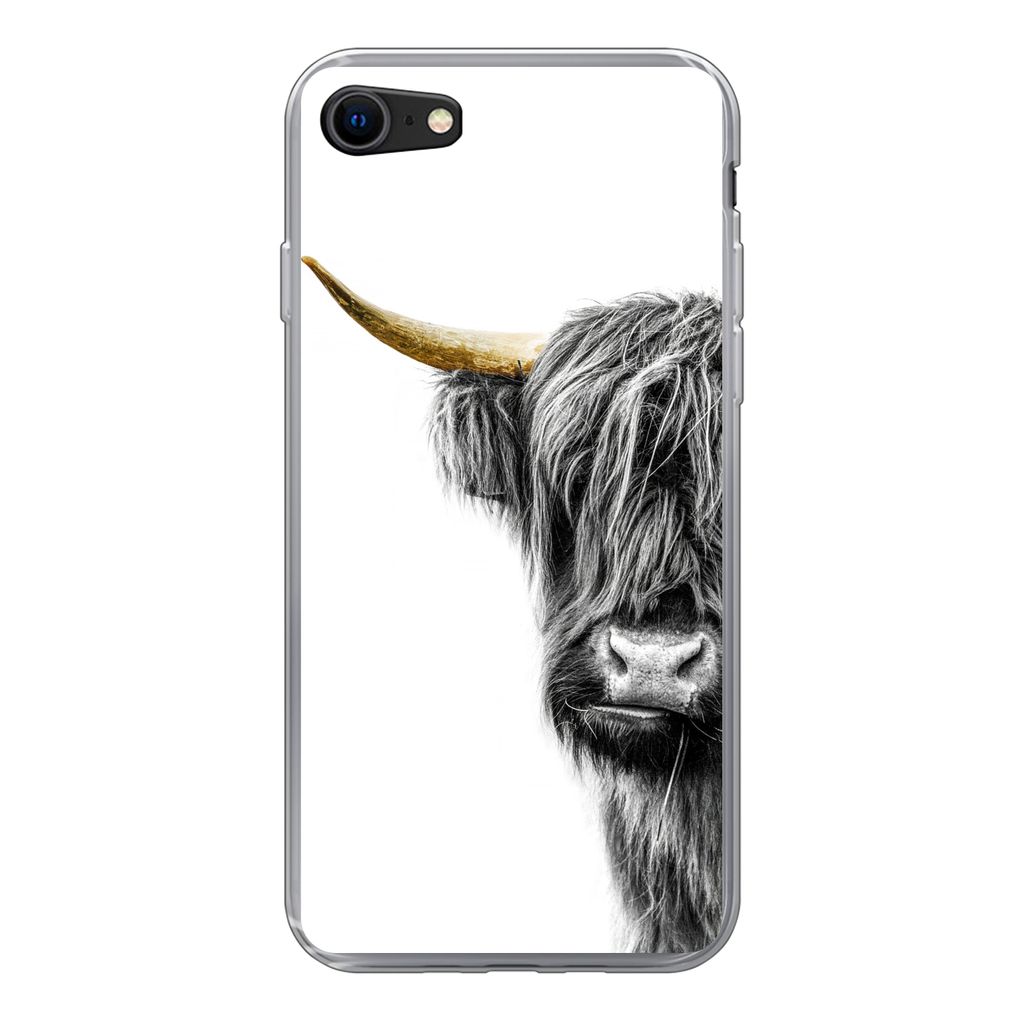 MuchoWow Handyhülle Schutzhülle Hülle für iPhone SE 2022 Schottischer Highlander - Tiere - Schwarz und Gold Silikon Softcase Handy Hülle - S...