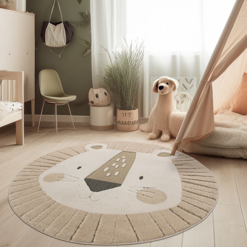 Moderner Kinderzimmerteppich Spielteppich weich 3D Effekt Naturtöne Löwe Grösse 160 cm Rund