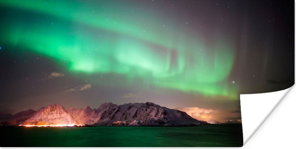 MuchoWow Poster Nordlichter - Grün - Insel - Norwegen 160x80 cm - Foto Poster