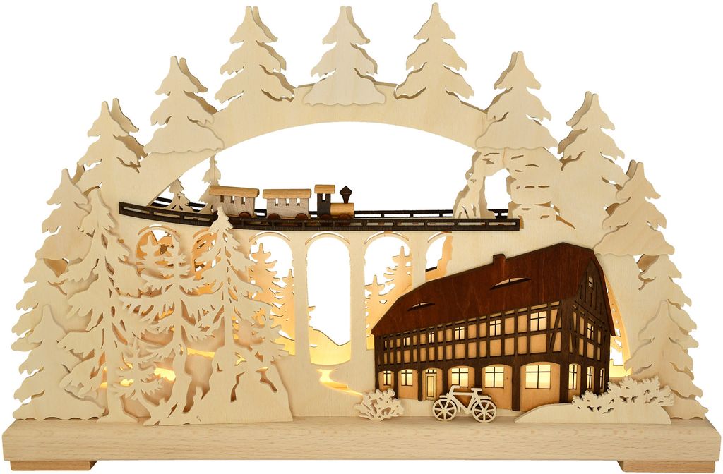 Schwibbogen Gebirge mit Eisenbahnbrücke (44x27cm) von RATAGS Holzdesign
