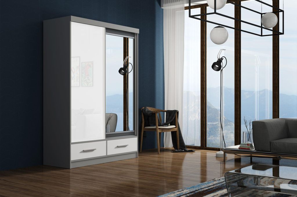 Krudox MIL Kleiderschrank Grau 150x216x62 cm Schiebetürenschrank mit Spiegel Lacobel 2 Schubladen Kleiderstange Schlafzimmer