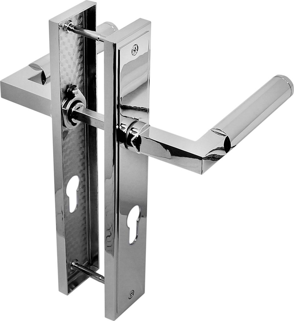 A polished metal door handle set with two keyholes on a white background.