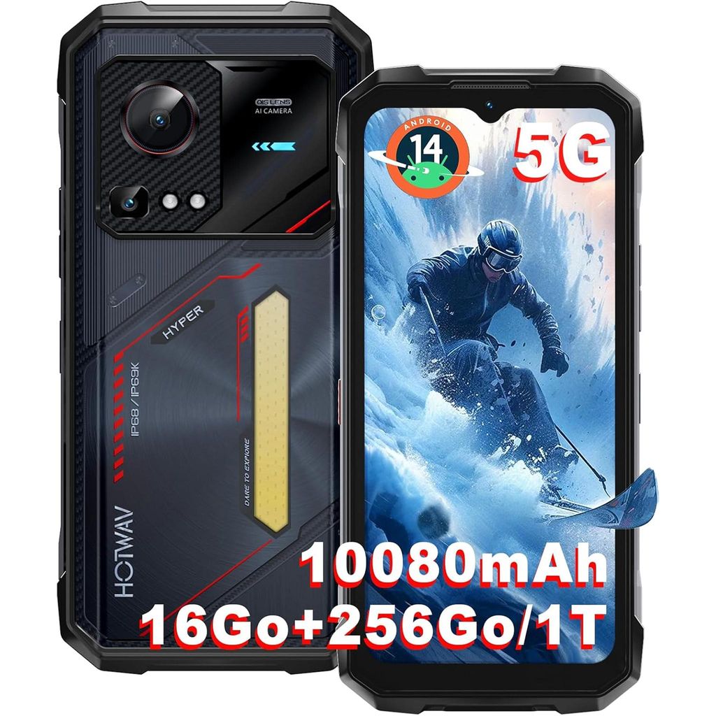 HOTWAV Hyper 7S 5G Outdoor Handy Android 15, 16GB+256GB Rugged Smartphone IP68/IP69K Wasserdicht, 6,6" HD+ 120Hz WIFI6/NFC/OTG/Campingleuchte,Schwarz