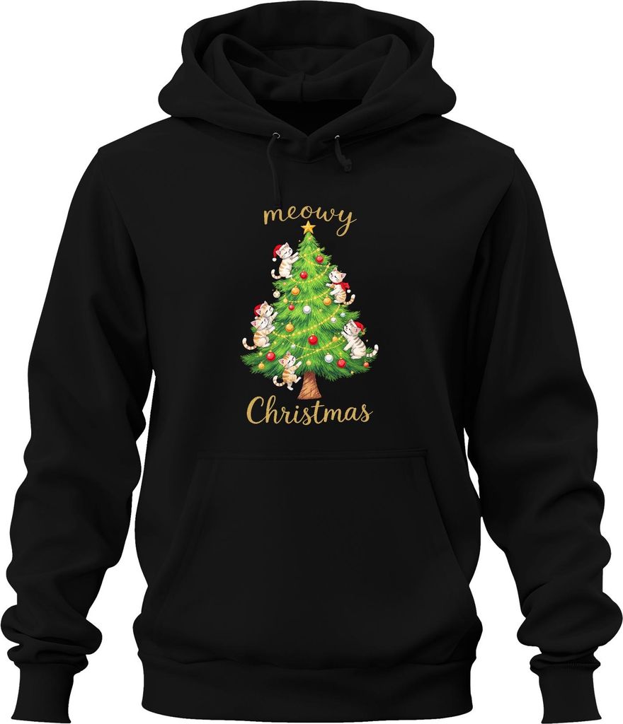 meowy Christmas Katzen Weihnachtsbaum niedlich Katzenliebhaber Uni Hoodie Kapuzenpullover, Schwarz, XXL