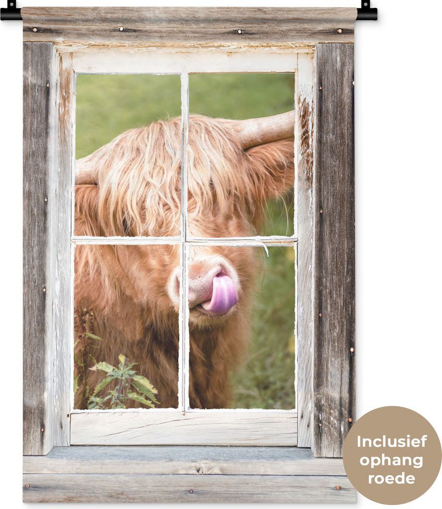 MuchoWow Wandteppich Wandbehang Hochlandrind - Fenster - Zunge - Ausblick 60x90 cm Tapisserie Dekoration Wandtuch - Foto-Teppich - Abwaschbar