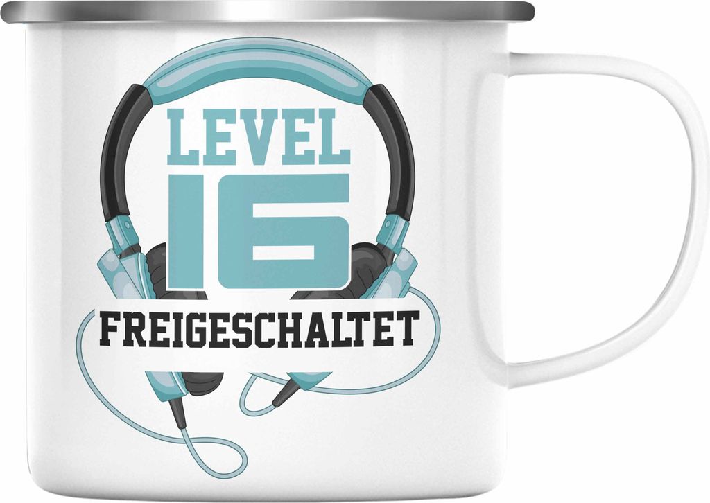 Trendation - 16. Geburtstag Emaille Tasse Jungen Jungs Geschenk 16er Geschenkidee 16 Sohn Gamer Zocker Sprüche Lustig (Silber)