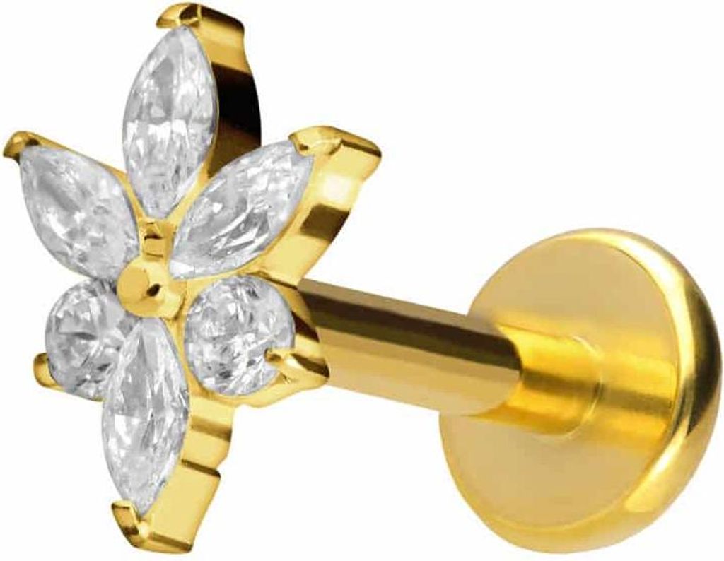 Ohrpiercing, Nasenpiercing Titan Labret mit Push Fit KRISTALLBLUME Gold Stablänge: 10mm | Stabstärke: 1,2mm