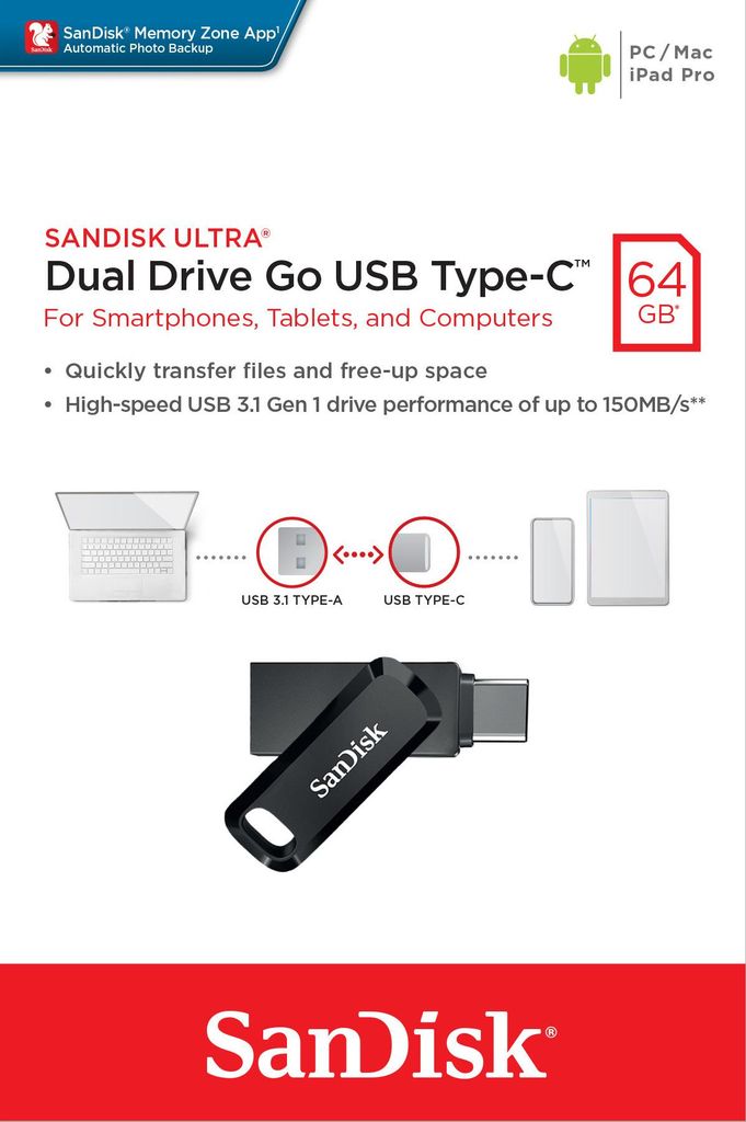 SANDISK USB Dual Drive Go Ultra 64GB, USB-C a USB 3.1 Obrázek produktu 