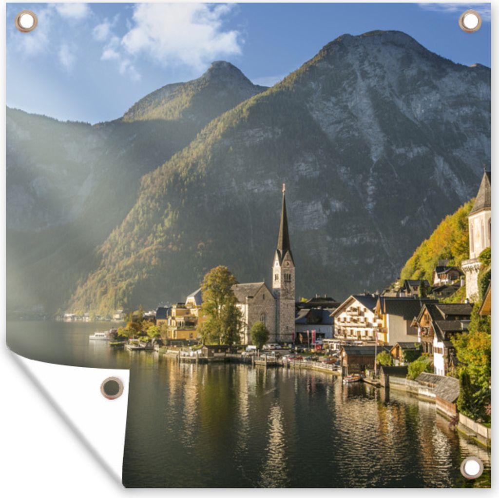 MuchoWow 50x50 cm Outdoor-Poster Gartendeko Sichtschutz Garten Poster für den Garten Die Sonne scheint auf Hallstatt in Österreich
