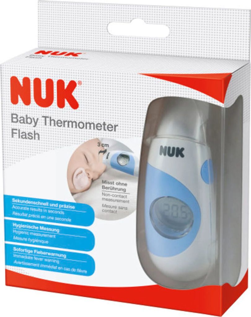 A NUK Baby Thermometer Flash packaging with a picture of the thermometer and a baby.