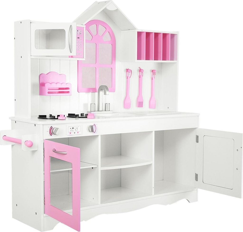 Kinderküche Spielküche aus Holz mit Spüle & Haken & Ofen & Mikrowelle Rosa & Weiß