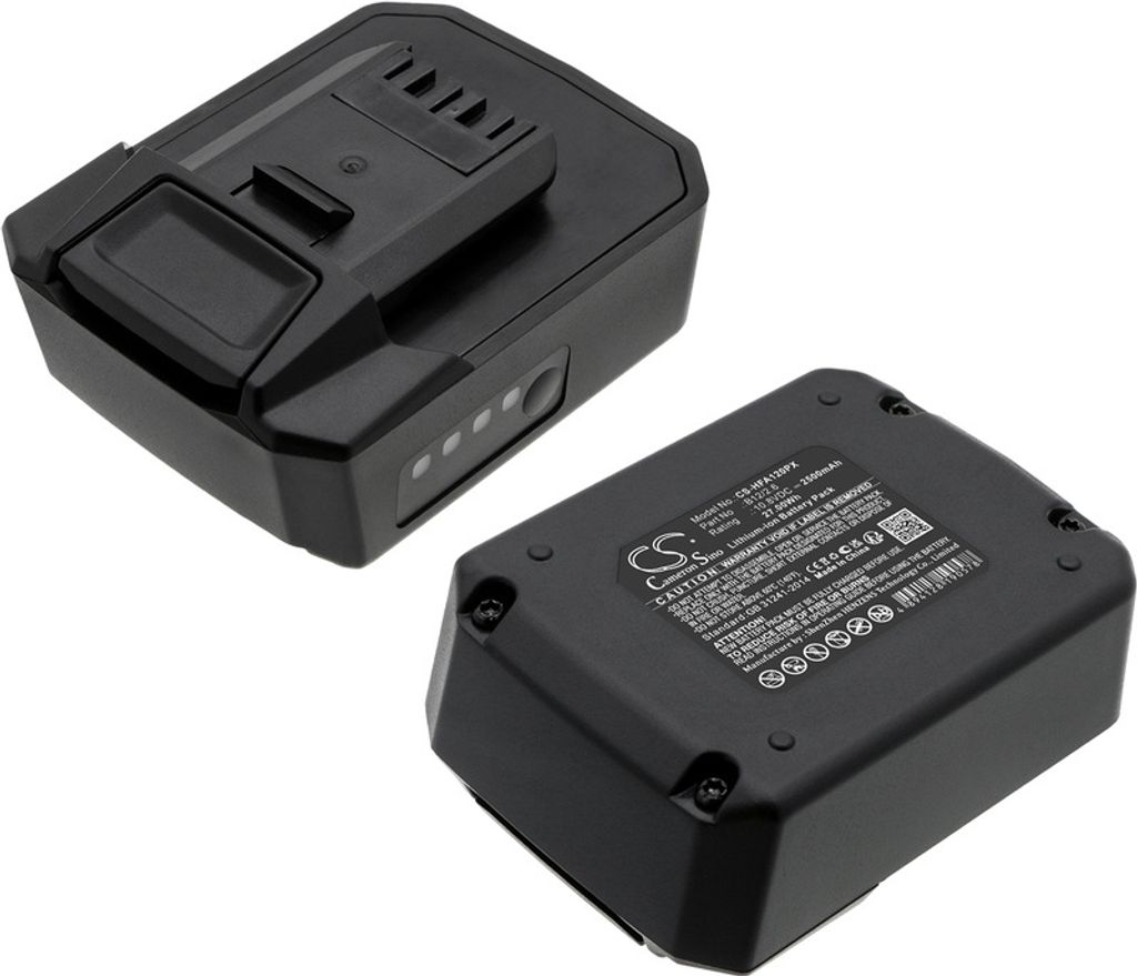 Two black rechargeable batteries are shown against a white background. One battery is angled towards the viewer, while the other is positioned behind and to the left, also angled.