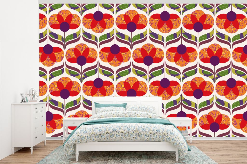 MuchoWow Fototapete für Wohnzimmer oder Schlafzimmer Wandtapete Vinyl Motivtapete Retro - Flower Power - Vintage - Farben - 345x220 cm - Wohnzim...