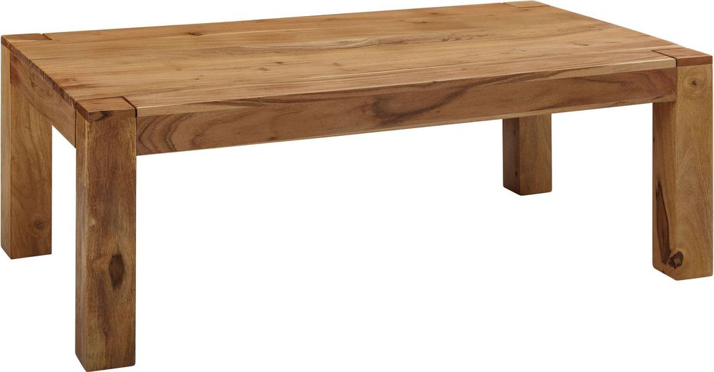 Couchtisch Mumbai 110cm aus Akazie mit massiven Holzbeinen in Gesamtansicht von vorne.