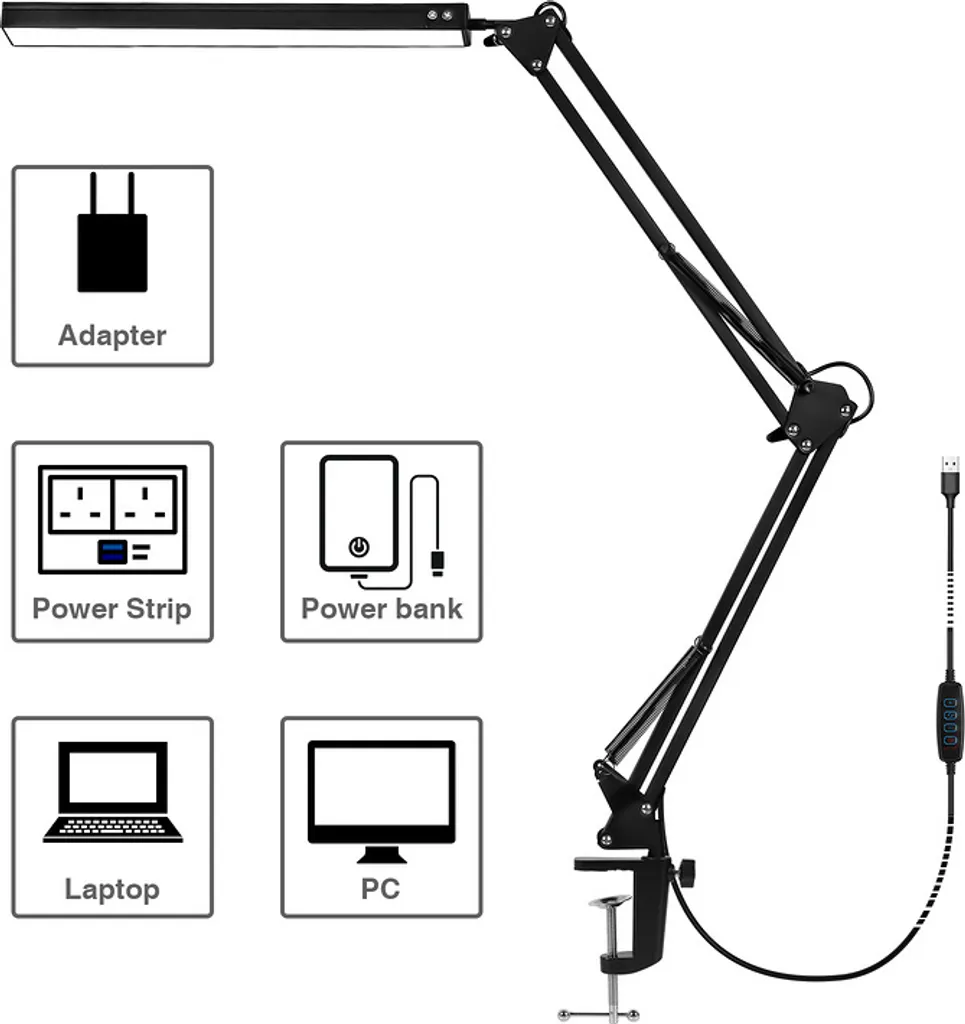 Jiubiaz LED lampada da tavolo 10W FlexBar lampada da scrivania illuminazione lampada da ufficio dimmerabile 3 temperature di colore, 10 livelli di luminosità per il lavoro, l'apprendimento lampada architetto con braccio girevole - 3