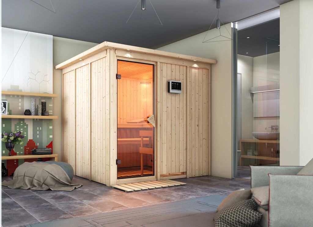 Karibu Sauna Innensauna Rodin Fronteinstieg Ofen 9 KW externe Strg easy 210x210x202 cm mit Dachkranz mit Bronzierte Tür