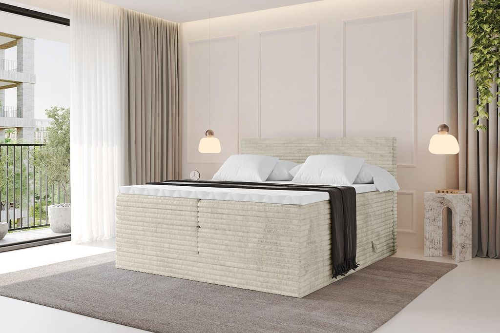 ALTDECOR Boxspringbett - TOLO-v1 KING 200x200 Cord - Creme - Komplett-Set mit H3 und H4 Matratzen und Topper, Polsterbett mit Bettkästen, Lattenro...