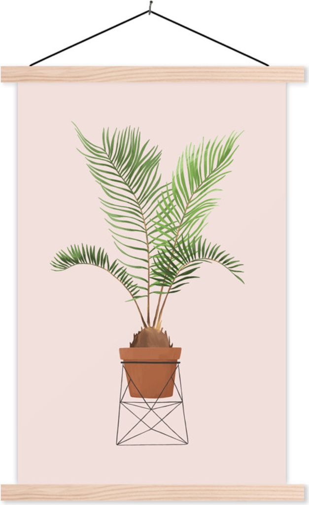MuchoWow Textilposter Pflanze - Palme - Pastell - Rosa 60x90 cm mit holzfarbenen Rahmen - Textil