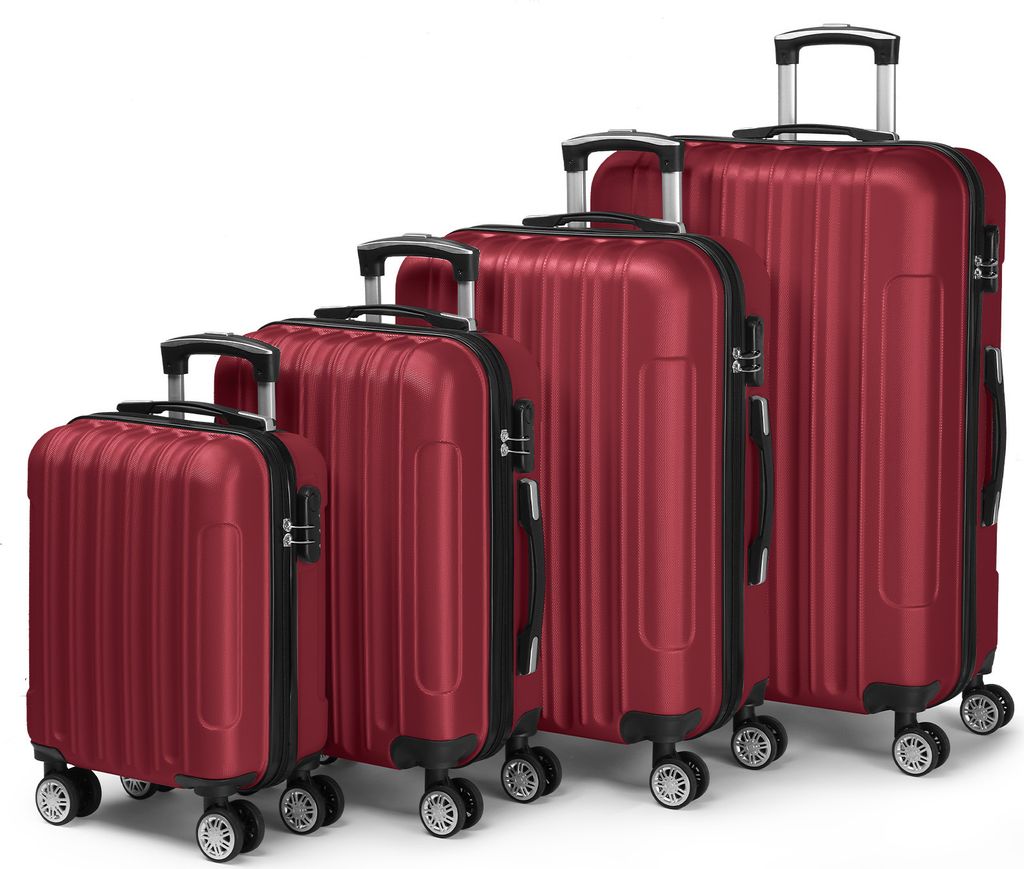 Four red suitcases of varying sizes are lined up diagonally against a white background.