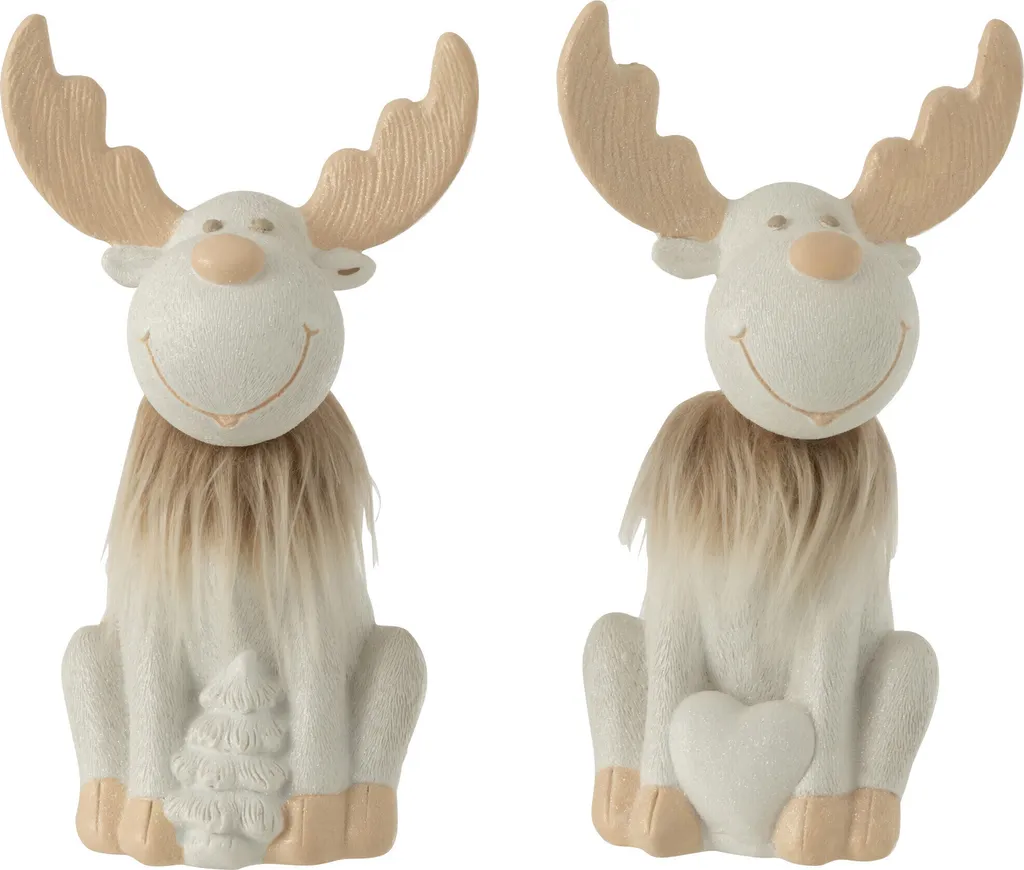 Figurines de Noël Renne J-Line en Polyrésine Blanc et Beige - Lot de 2
