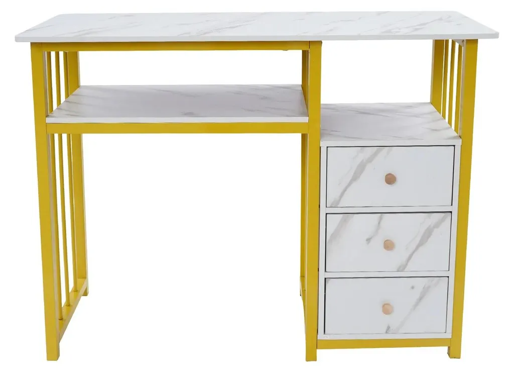 Meuble manucure pour salon de beauté blanc et or avec rangement 3 tiroirs