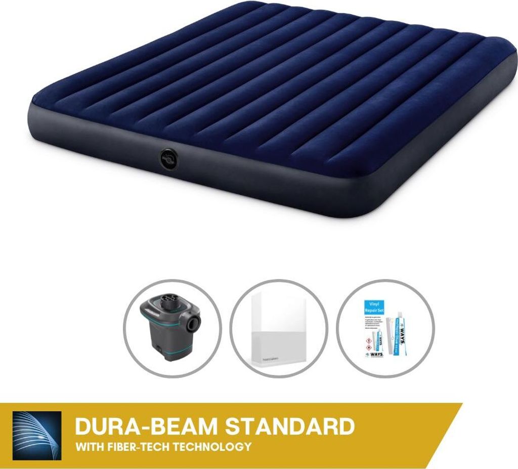 Intex Luftbett - 2 Personen - 183 x 203 x 25 cm - Blau + Intex Elektropumpe - 650 Liter/Min + Spannbettlaken Weiß + Reperaturset