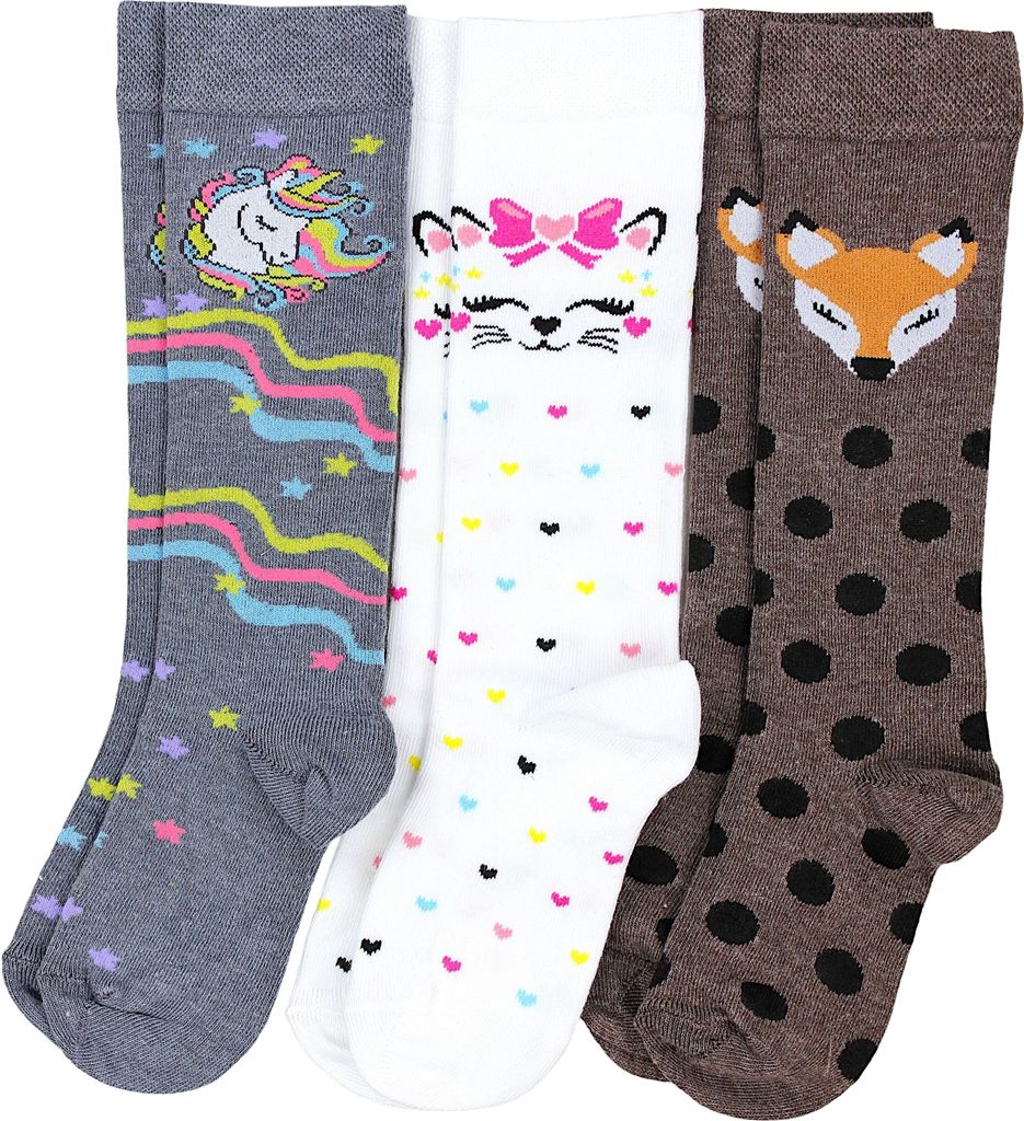 TupTam Mädchen Knielange Socken Gemustert 3er Pack, Farbe: 3er Pack Einhorn Grau / Katze Weiß / Rehlein Braun, Socken Größe: 23-26