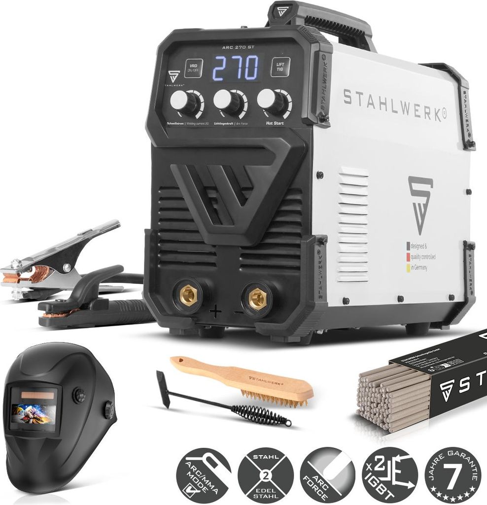 STAHLWERK Elektroden-Schweißgerät ARC-270 ST – Vollausstattung – MMA (E-Hand) bis 270 A, Schweißen ohne Schutzgas, Lift-TIG Inverter 400 V