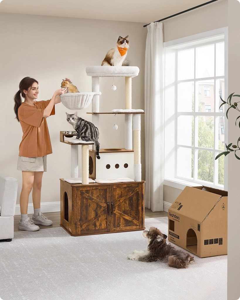 Katzenkratzbaum - Kletterbaum - 5+ Ebenen, Kratzsäulen, Klettern und Spielen, Nylon - Gelb