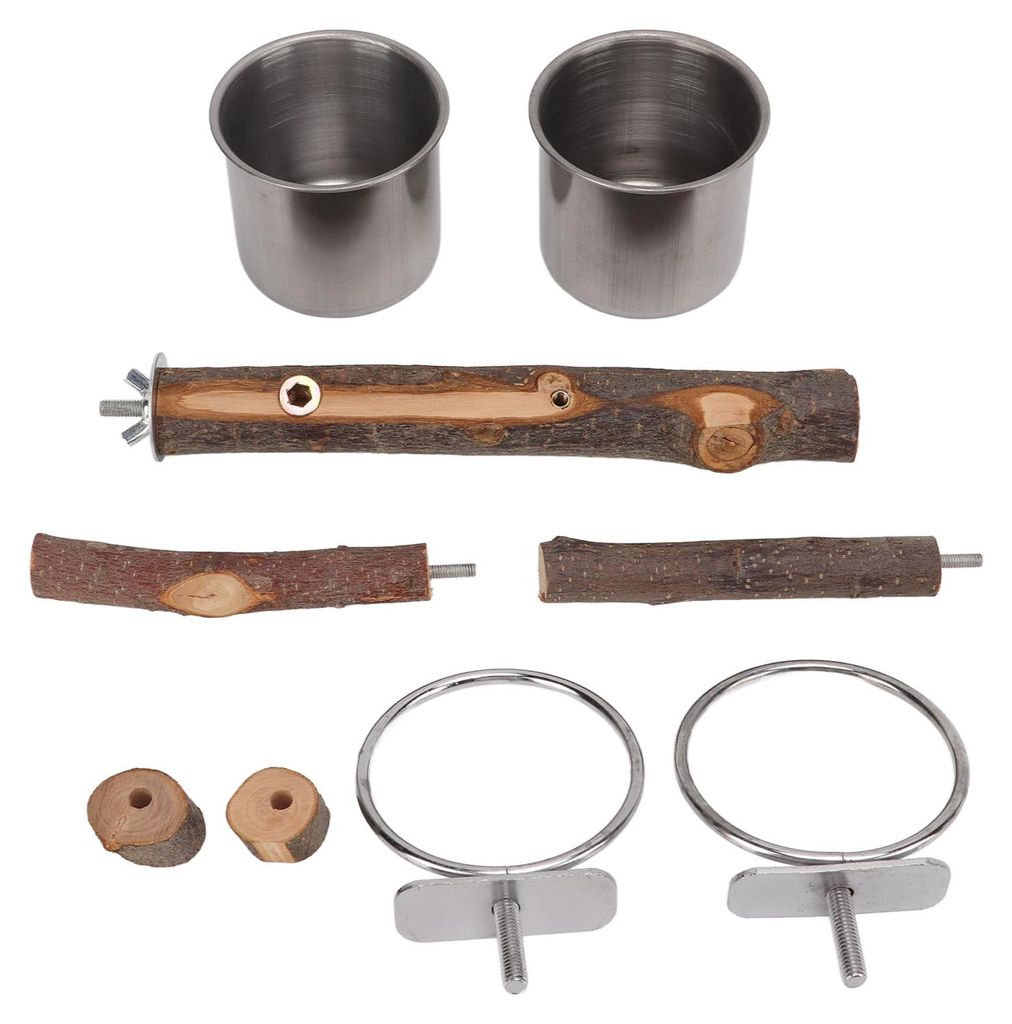 Papageienholzständer mit Edelstahl-Futternapf, Futterspender, Kombination, Vogelkäfig-Sets
