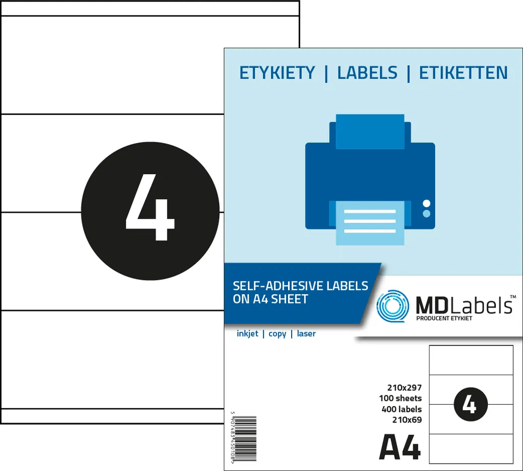 MD Labels 4 Étiquettes A4 (210x69mm) - 100 Feuilles, 400 Adhésives Blanc