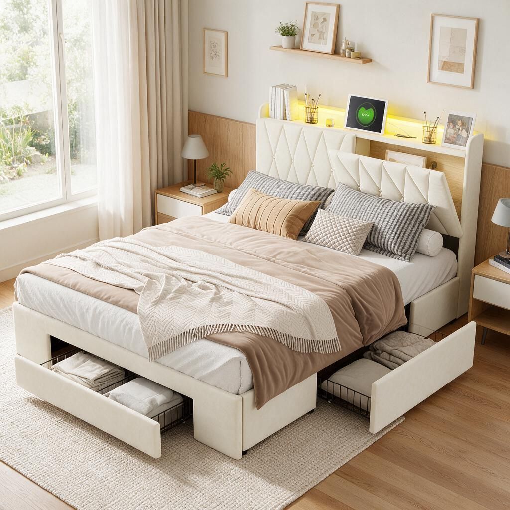 Lit tapissier INONEFT 160x200 cm avec LED et ports USB, lit Image du produit 