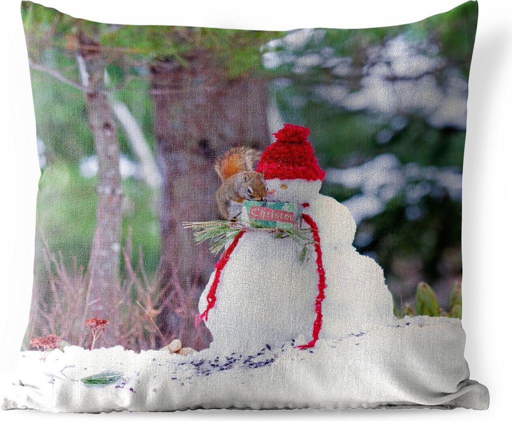 MuchoWow Outdoor Kissen - Eichhörnchen - Schneemann - Winter - 40x40 cm - Wetterfest - Lounge Kissen - Kopfkissen - Interieur - Polster mit Bild