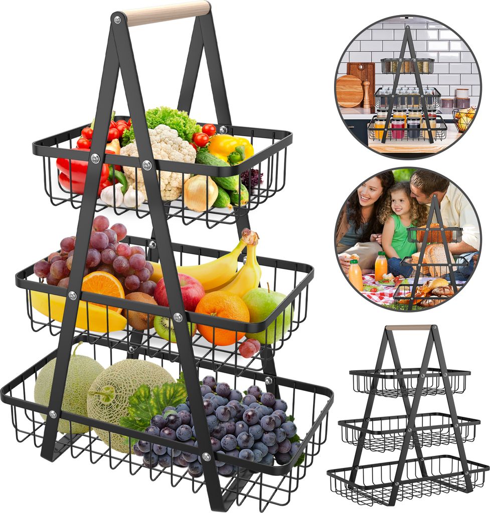 UISEBRT 3-Stufiger Aufbewahrungskorb Obstkorb Gemüsekorb Metallkorb, Stapelbare Körbe in Schwarz, Ideal für Küche und Vorratskammer, Mit Griffe...