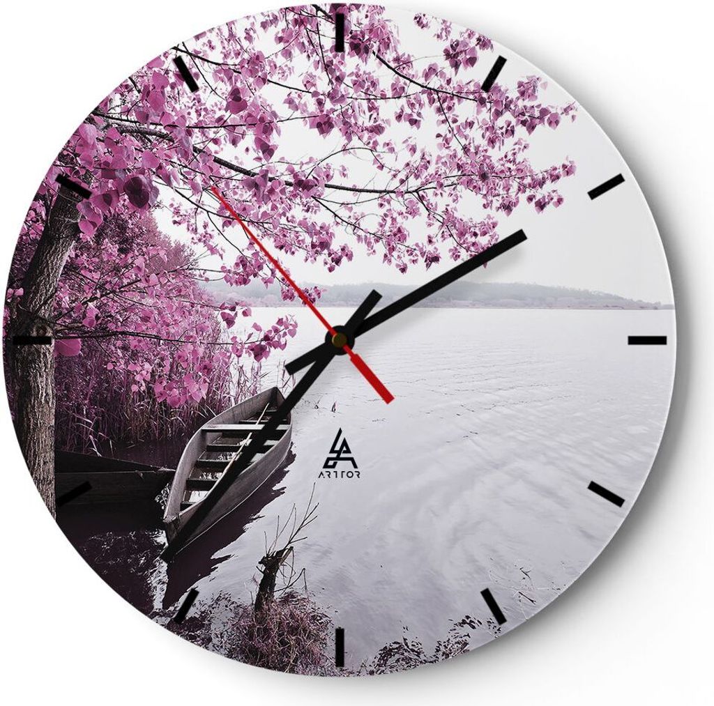 Wanduhr - Rund - Glasuhr - See Rosa Bäume - 40x40cm - Schleichendes Uhrwerk - Lautlos - zum Aufhängen bereit - Dekoration Modern - Wanddekoration...