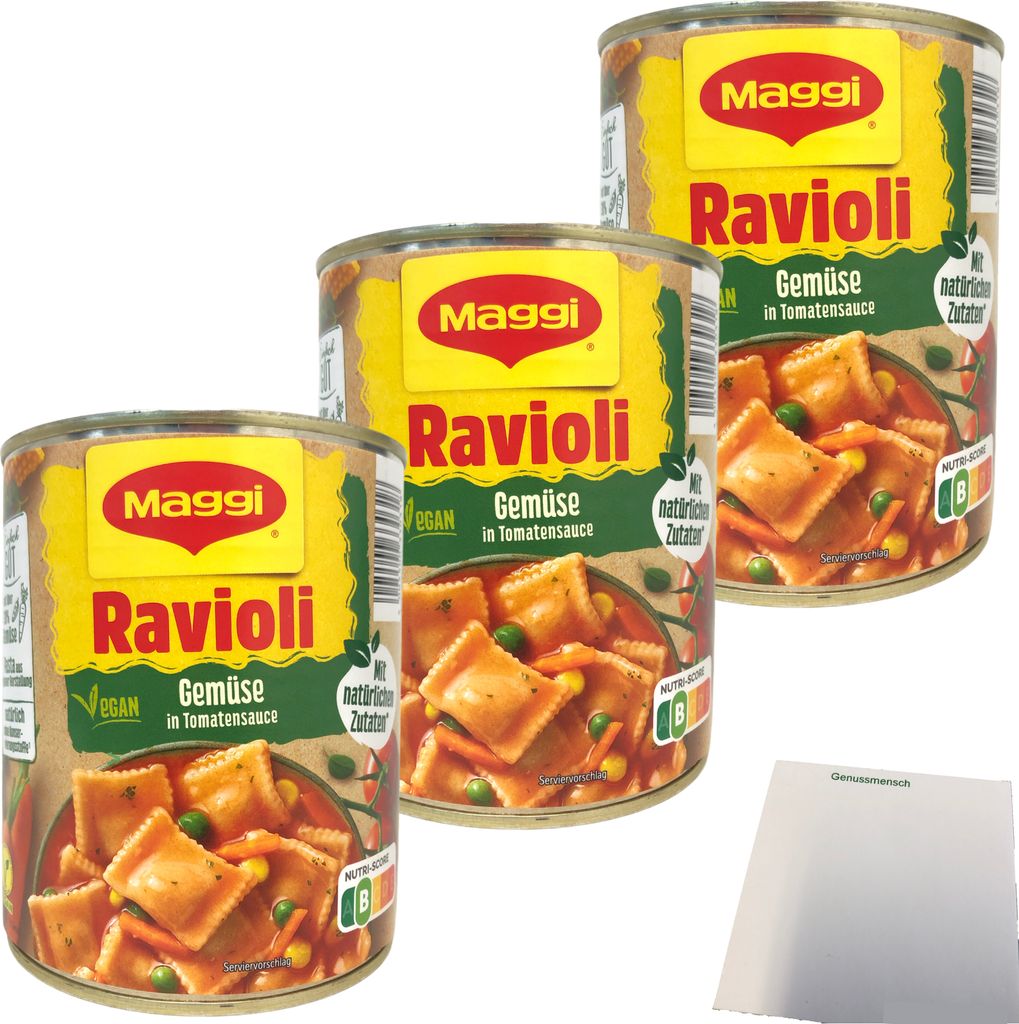 Maggi Ravioli Vegetarisch in Tomatensauce mit Gemüse (3x800g Dose) + usy Block
