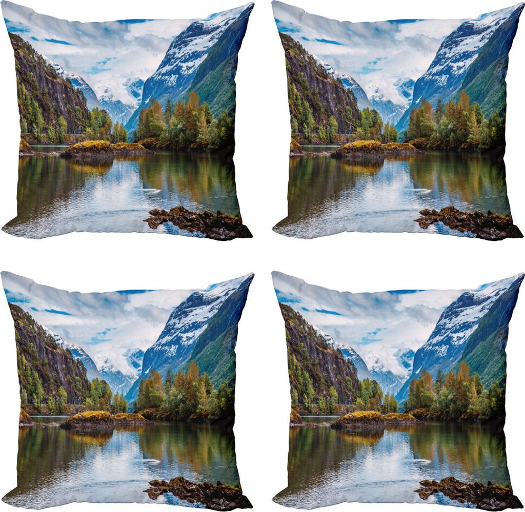 ABAKUHAUS Natur Kissenbezug Set (4 Stück), Snowy Mountains Norwegen, Moderner Doppelseitiger Digitaldruck, 50 cm x 50 cm, Mehrfarbig