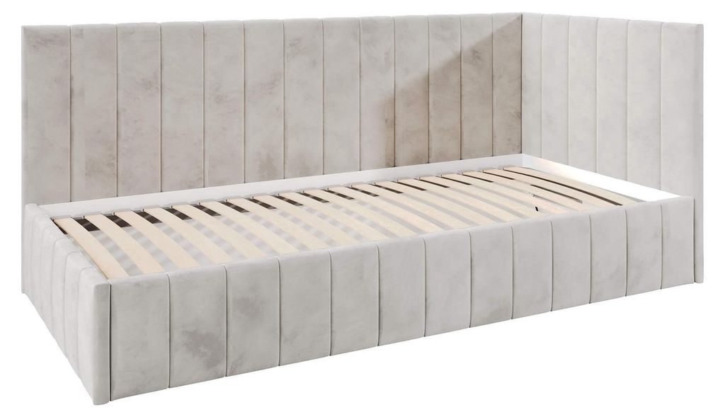 Jugendbett Denis 90x200 cm, Polsterbetten mit Bettkasten, Moderner Riviera-Stoff, Beige, Rechts