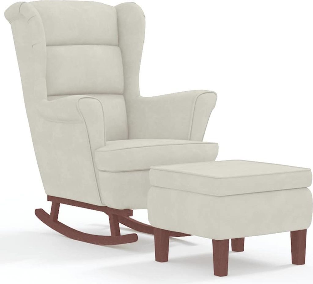 A cream-colored rocking chair and ottoman set on a white background.