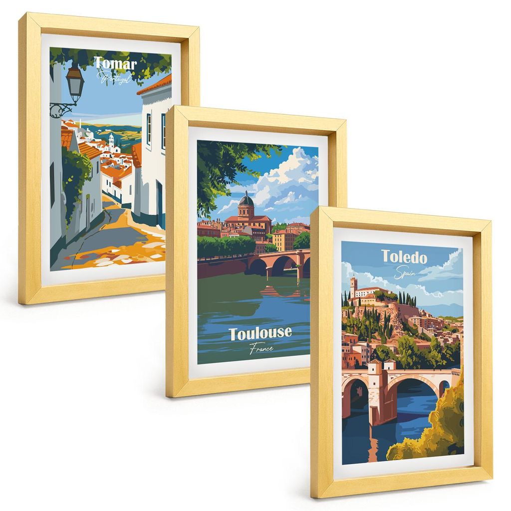 Bilder Set 3-teilig im Goldrahmen Rahmen – Wandbilder 3 Stück – gerahmte Poster für Wohnzimmer, Schlafzimmer und Flur – 20x30 cm – Retro-...