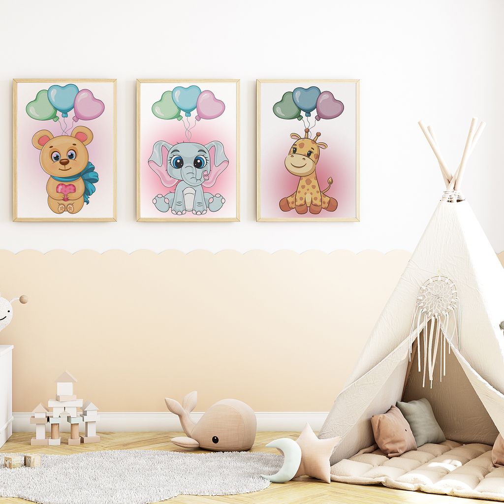 Tiere mit Luftballons Bilder 3er Set DIN A4 Kinderzimmer Wandbilder Babyzimmer Poster Dekoration Bär Elefant Giraffe