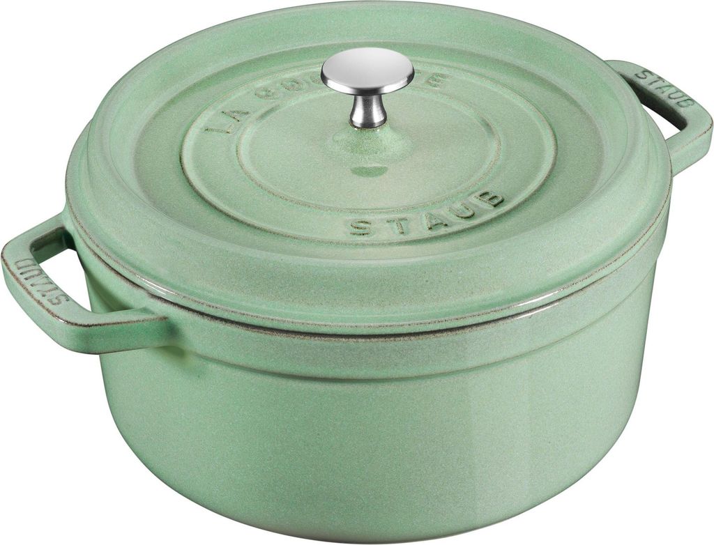 A Staub cast iron pot with a lid.