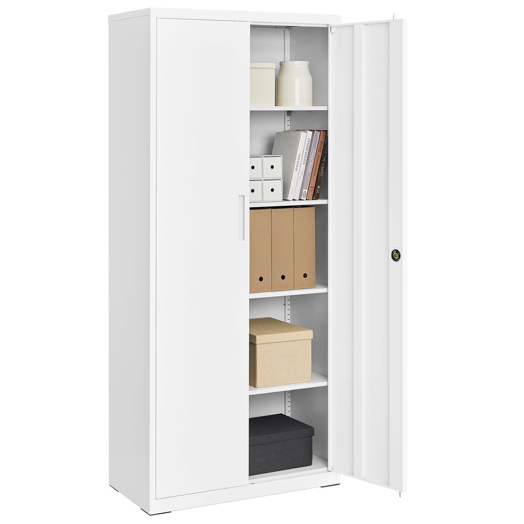 A white metal storage cabinet with its right door open, revealing several shelves with various items like boxes, binders, and containers.