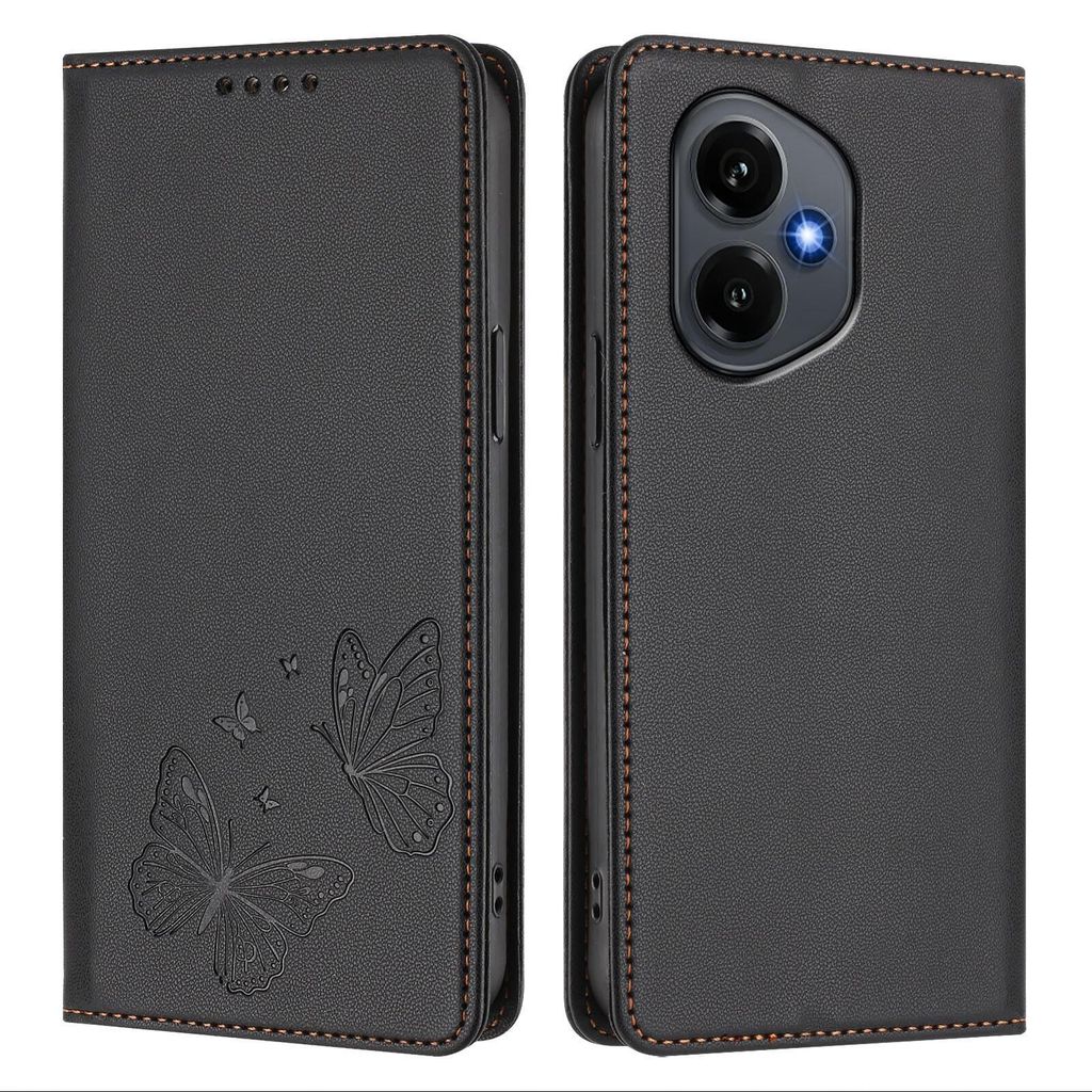 Lederhülle für Honor 400, Schmetterling Prägung Leder Brieftasche Schutzhülle mit Ständer Schwarz