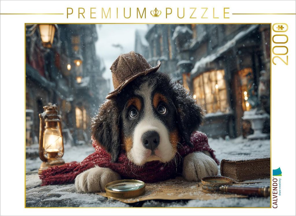 CALVENDO Puzzle Berner Sennenhund als Detektiv im verschneiten Altstadtviertel | 2000 Teile Lege-Größe 90x67cm Foto-Puzzle für glückliche Stunden