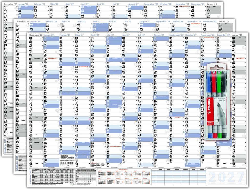 3 Stück XXL Wandkalender DIN B1 2027 blau, nass abwischbar inkl. Stifteset Format 100 x 70cm Jahresplaner Wandplaner gerollt Neutraler Kalender Fe...