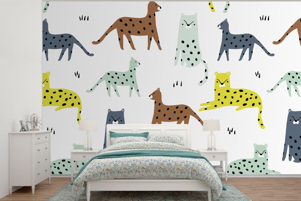 MuchoWow Fototapete für Wohnzimmer oder Schlafzimmer Wandtapete Vinyl Motivtapete Wilde Tiere - Katze - Dschungel - 330x220 cm - Fototapeten