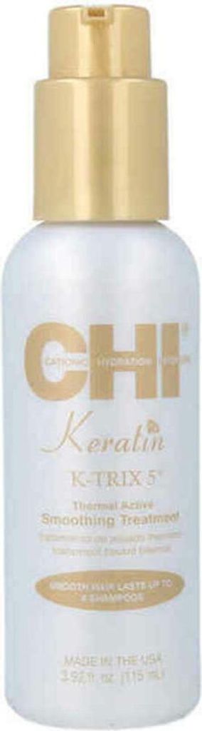 A white bottle with a gold pump dispenser, featuring the CHI Keratin K-Trix 5 logo and product information.