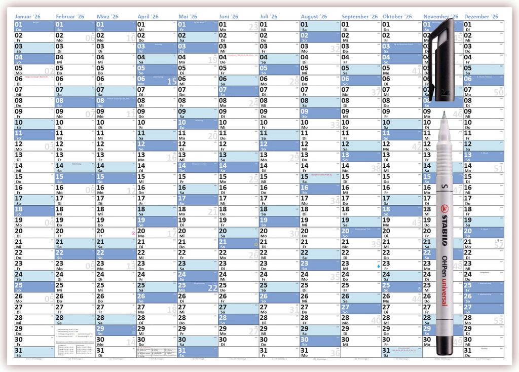 XL Wandkalender DIN A1 2026 blau, nass abwischbar plus Folienstift schwarz Kalender Format 59,4 x 84,1cm Jahresplaner Wandplaner gerollt